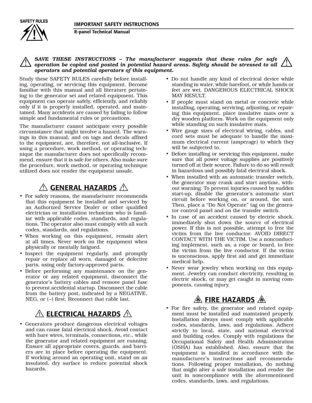 Generac Power Systems R-200A technical manual  General Hazards  