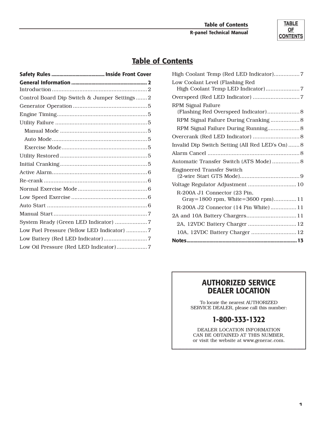 Generac Power Systems R-200A technical manual Authorized Service Dealer Location, Table of Contents 