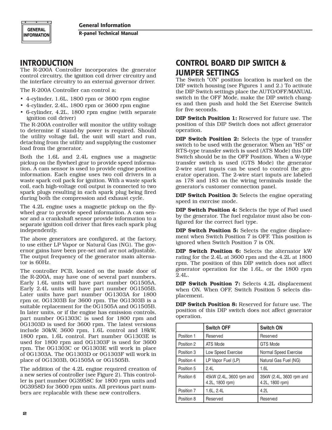 Generac Power Systems R-200A technical manual Introduction, Control Board DIP Switch & Jumper Settings 