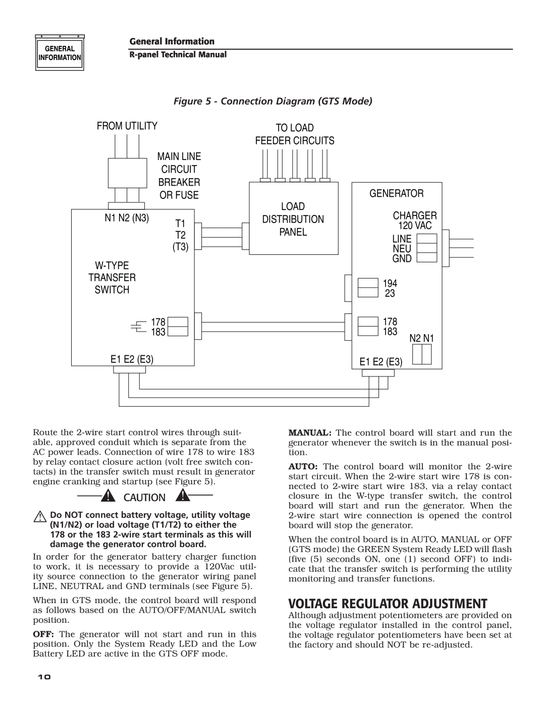 Generac Power Systems R-200A Voltage Regulator Adjustment, Connection Diagram GTS Mode, From Utility, N1 N2 N3, Main Line 
