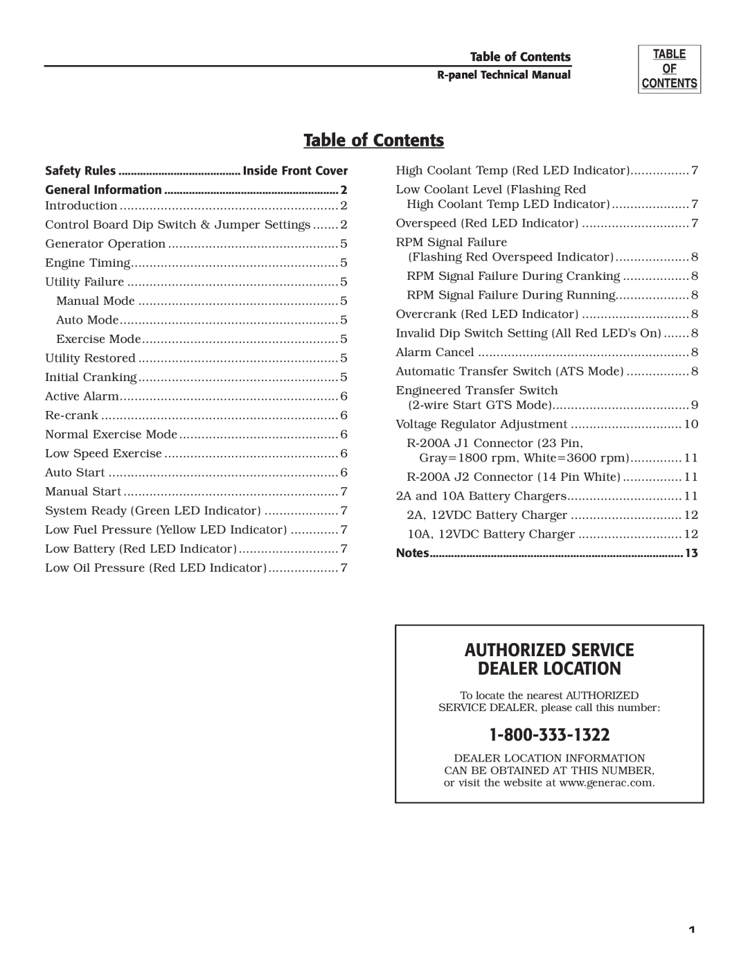 Generac Power Systems R-200A technical manual Authorized Service Dealer Location, Table of Contents, Inside Front Cover 