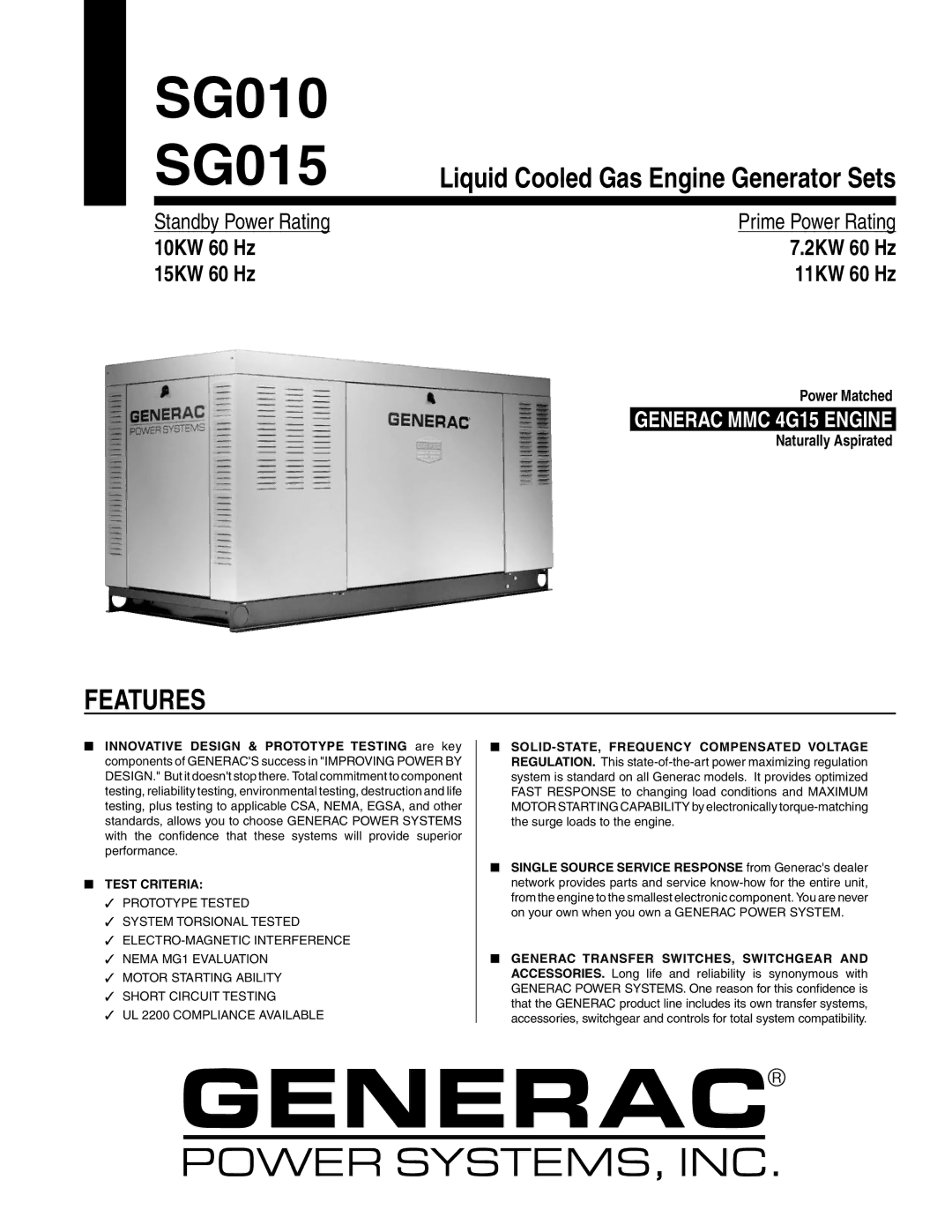 Generac Power Systems SG010, SG015 manual Features, Test Criteria 