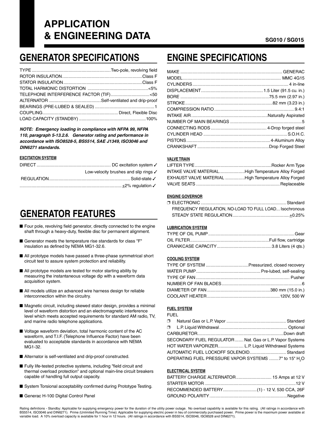 Generac Power Systems SG015, SG010 manual Application Engineering Data, Generator Specifications, Generator Features 