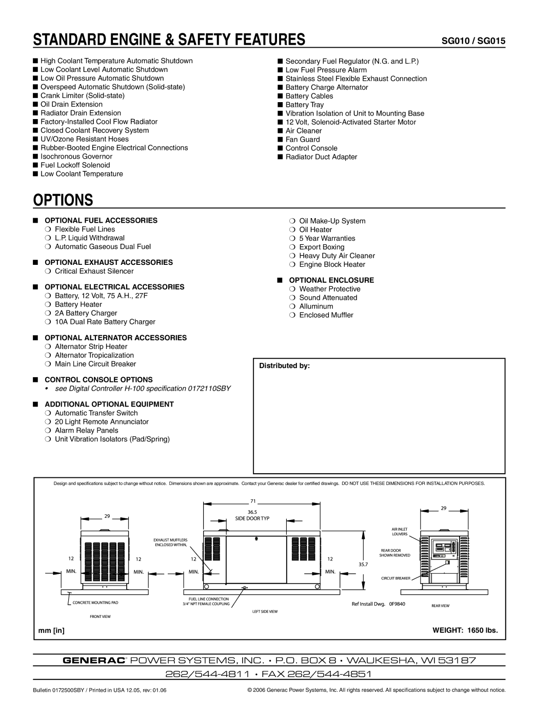 Generac Power Systems SG015, SG010 manual Standard Engine & Safety Features, Options 