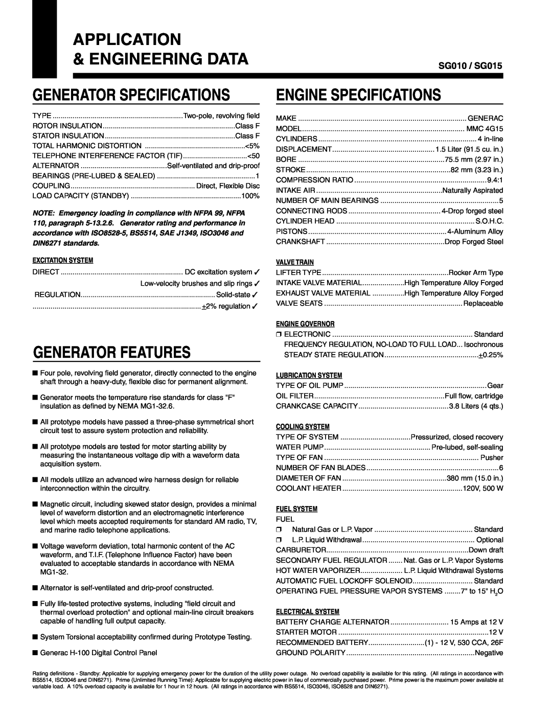 Generac Power Systems manual Application, Engineering Data, Generator Specifications, Generator Features, SG010 / SG015 