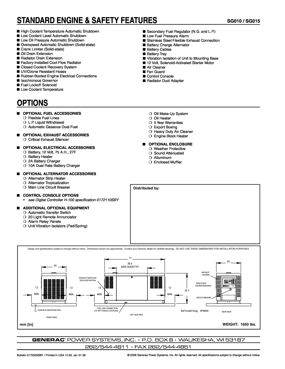 Generac Power Systems manual Standard Engine & Safety Features, Options, SG010 / SG015, 262/544-4811 FAX 262/544-4851 