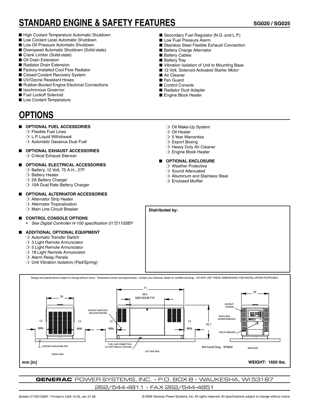 Generac Power Systems SG025, SG020 manual Standard Engine & Safety Features, Options 