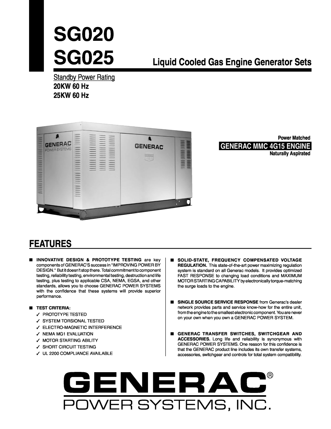 Generac Power Systems SG020 manual Features, Liquid Cooled Gas Engine Generator Sets, Standby Power Rating, 20KW 60 Hz 