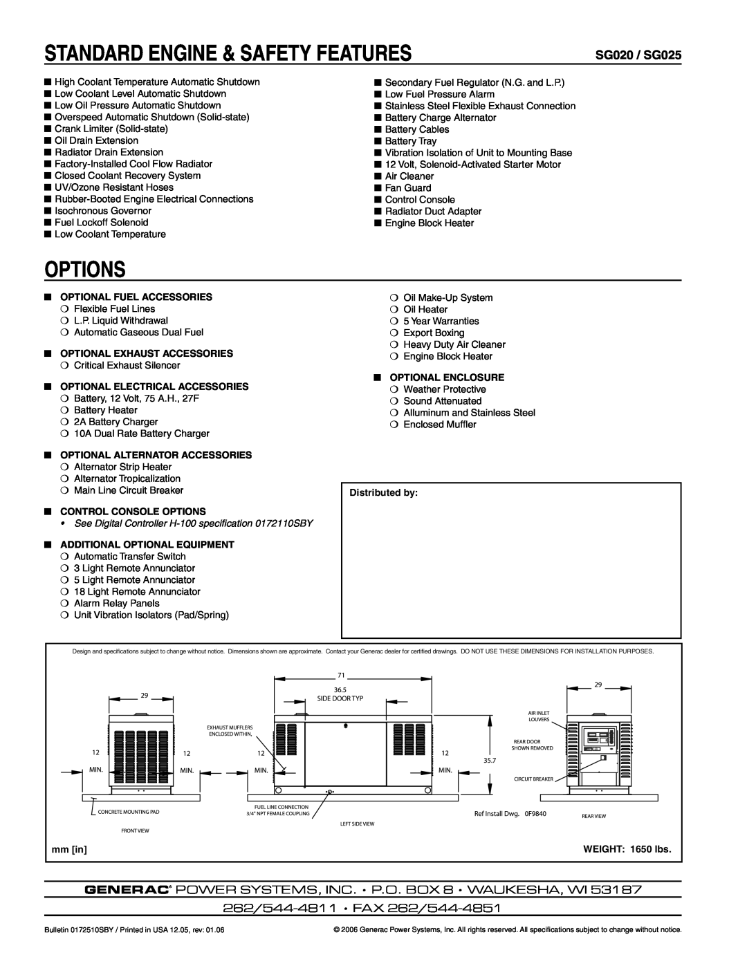 Generac Power Systems manual Standard Engine & Safety Features, Options, SG020 / SG025, 262/544-4811 FAX 262/544-4851 