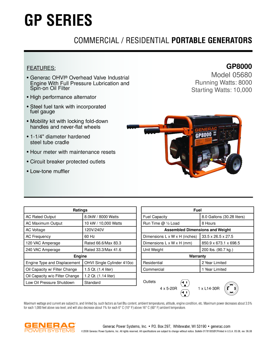 Generac Power Systems SP SERIES dimensions GP Series, Commercial / Residential Portable Generators, GP8000, Model 