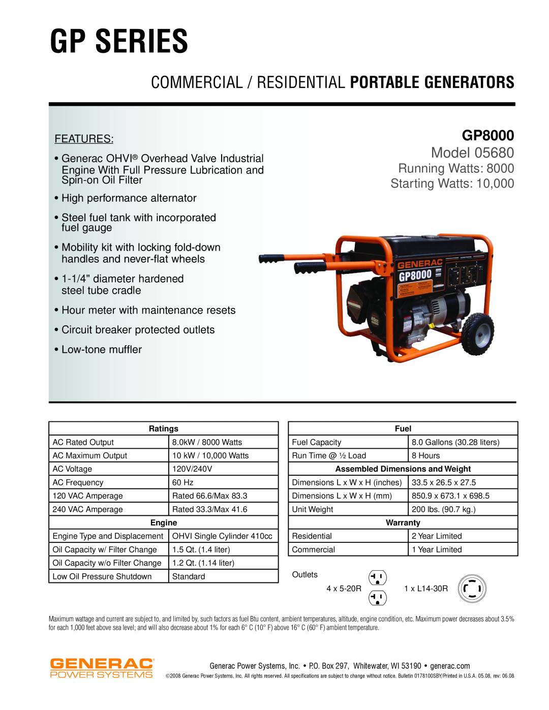Generac Power Systems SP SERIES dimensions Gp Series, Commercial / Residential Portable Generators, GP8000, Model, Ratings 