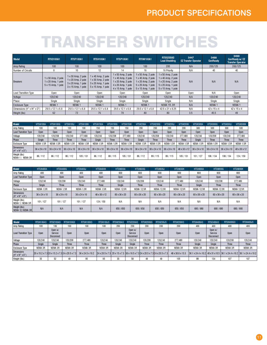 Generac Power Systems Transfer Switches and Accessories manual Transfer switcHes, Product Specifications 