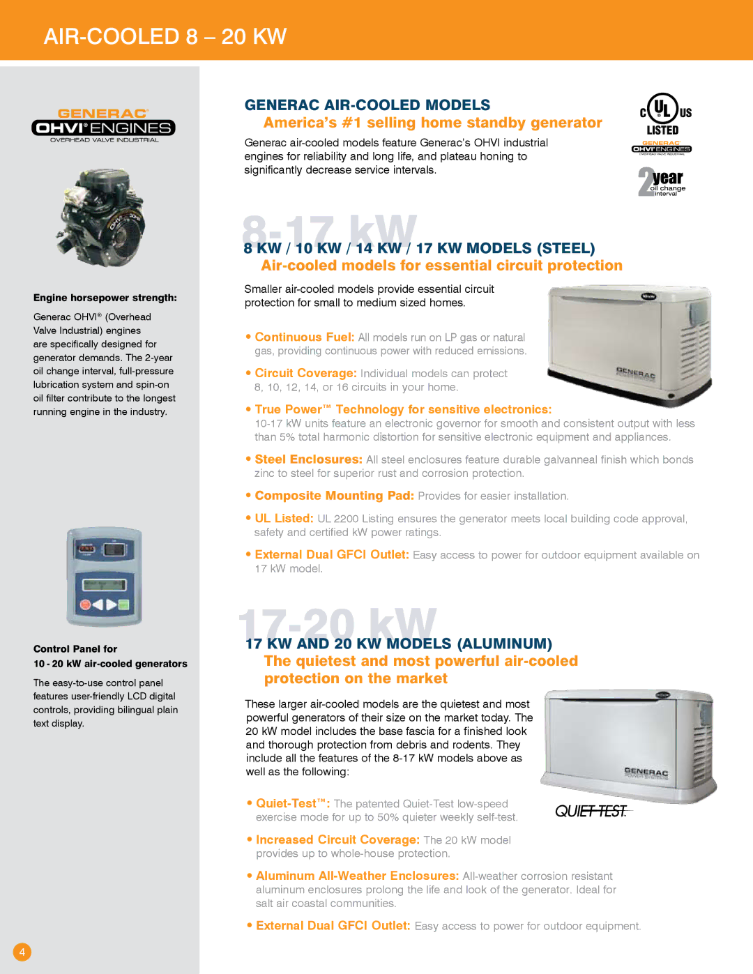 Generac Power Systems Transfer Switches and Accessories 17 kW, 17-20 kW, Air-cooled 8 20 kW, Generac Air-cooled Models 