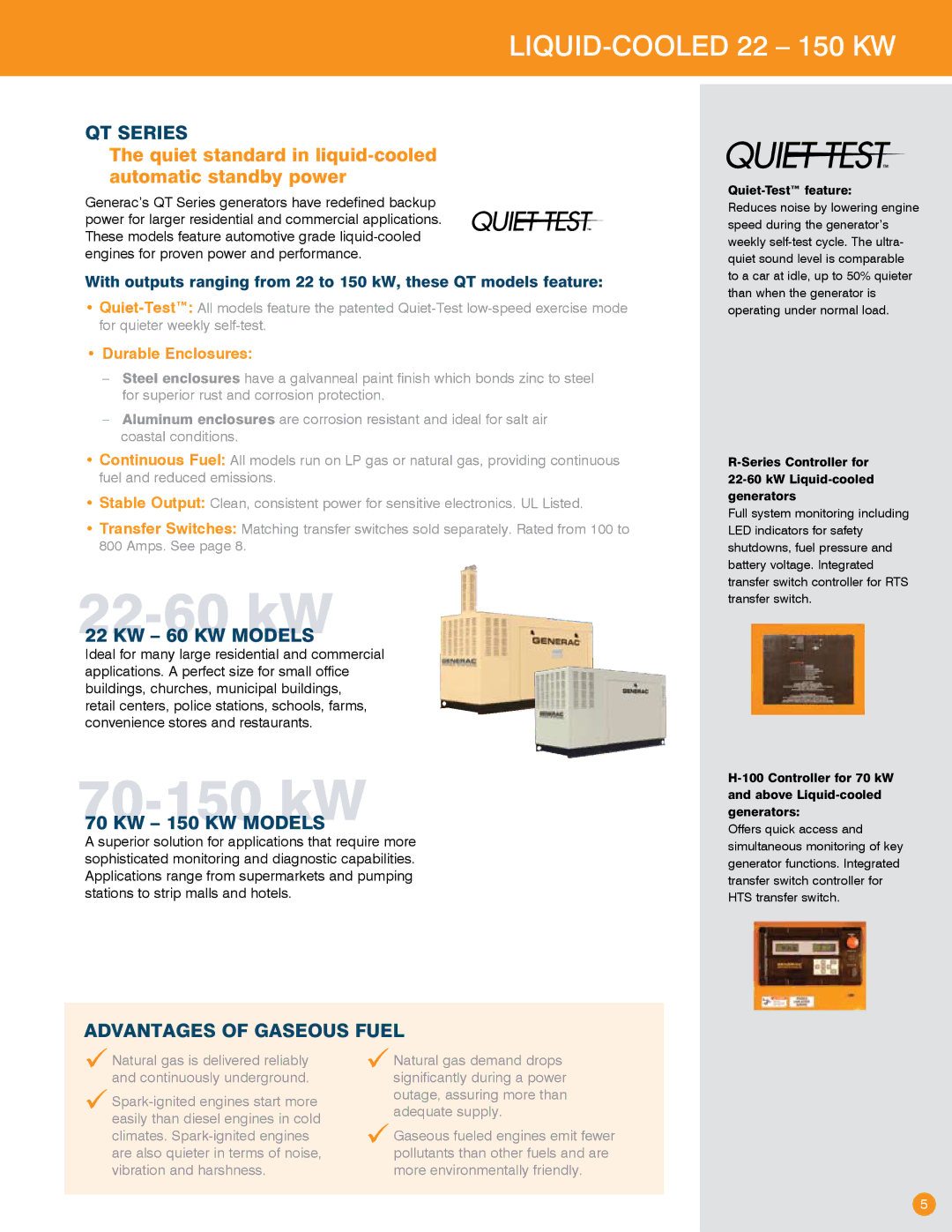 Generac Power Systems Transfer Switches and Accessories manual 22-60 kW, 70-150 kW, Liquid-cooled 22 150 kW 