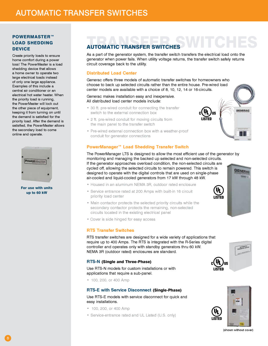 Generac Power Systems Transfer Switches and Accessories manual Automatic Transfer Switches, Distributed Load Center 