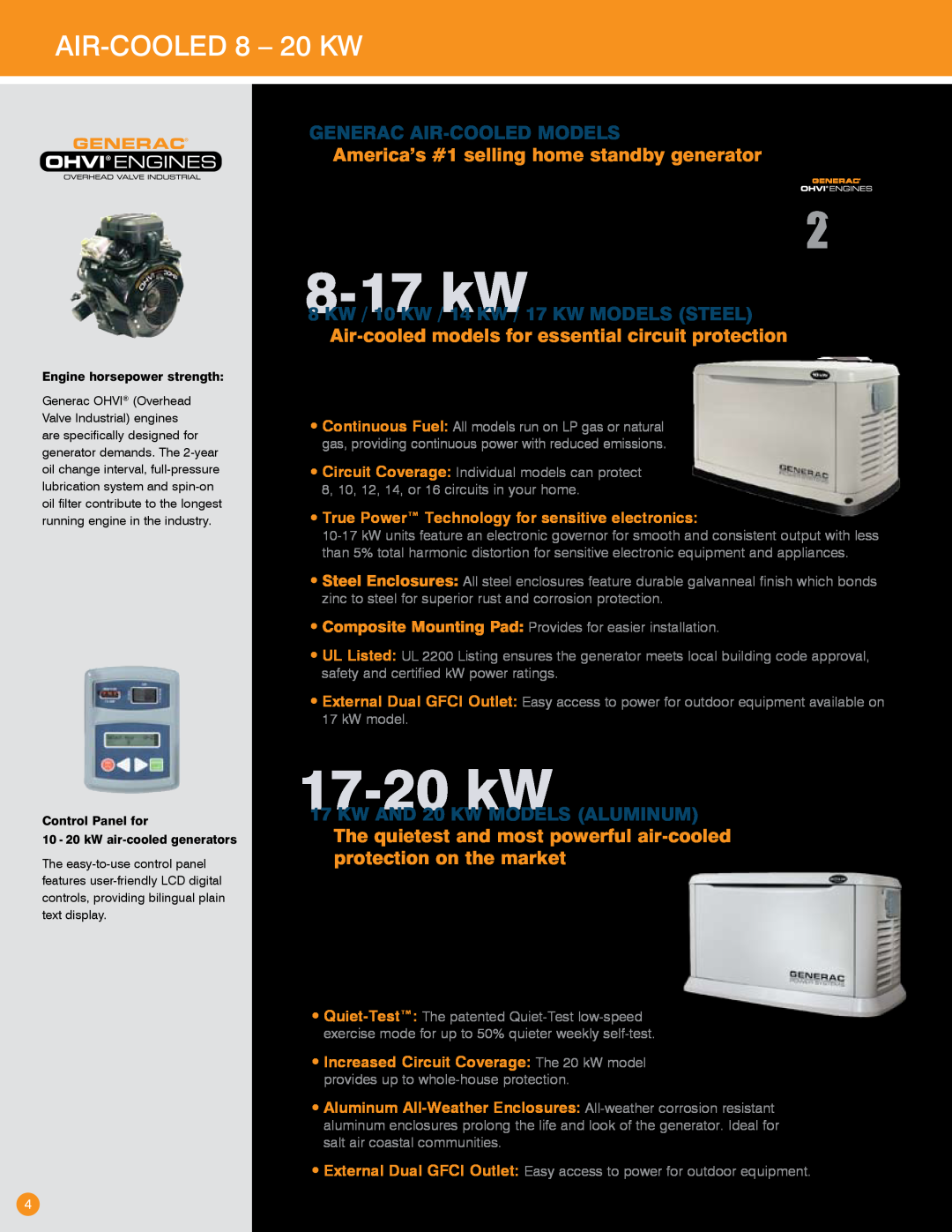 Generac Power Systems Transfer Switches and Accessories manual 8-17kW, 17-20kW, Air-cooled8 - 20 kW 