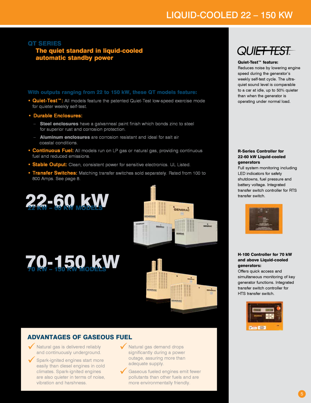 Generac Power Systems Transfer Switches and Accessories 22-60kW, 70-150kW, Liquid-cooled22 - 150 kW, Durable Enclosures 