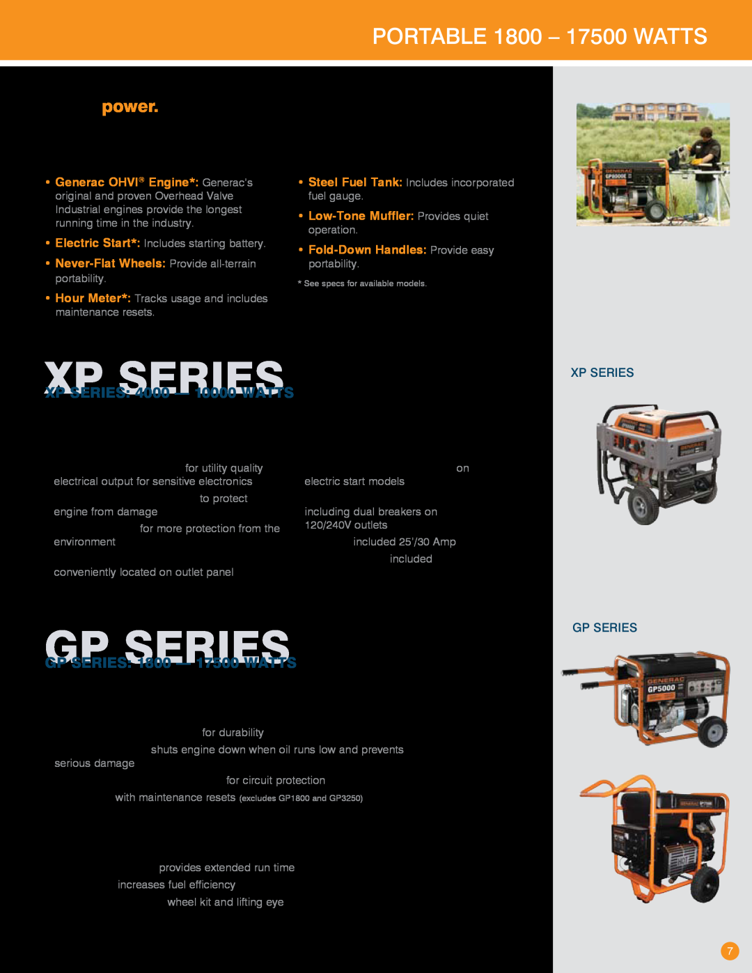 Generac Power Systems Transfer Switches and Accessories manual xp series, gp series, Portable 1800 - 17500 Watts, XP Series 