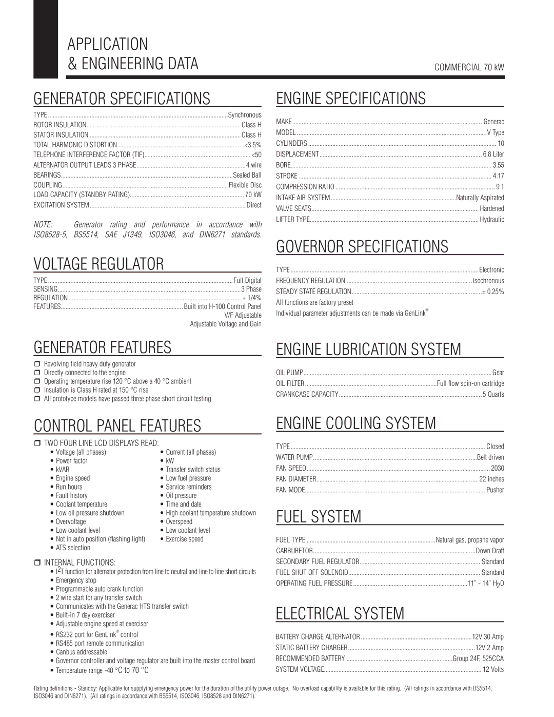 Generac Power Systems UL 2200 Application Engineering Data, Engine Specifications, Voltage Regulator, Generator Features 