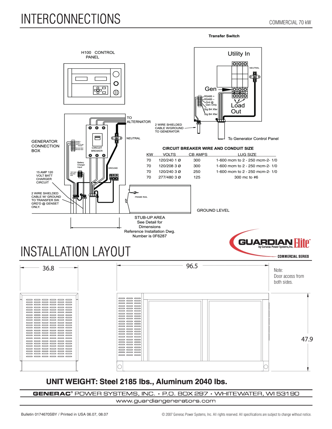 Generac Power Systems UL 2200 manual Interconnections, Installation Layout, UNIT WEIGHT Steel 2185 lbs., Aluminum 2040 lbs 