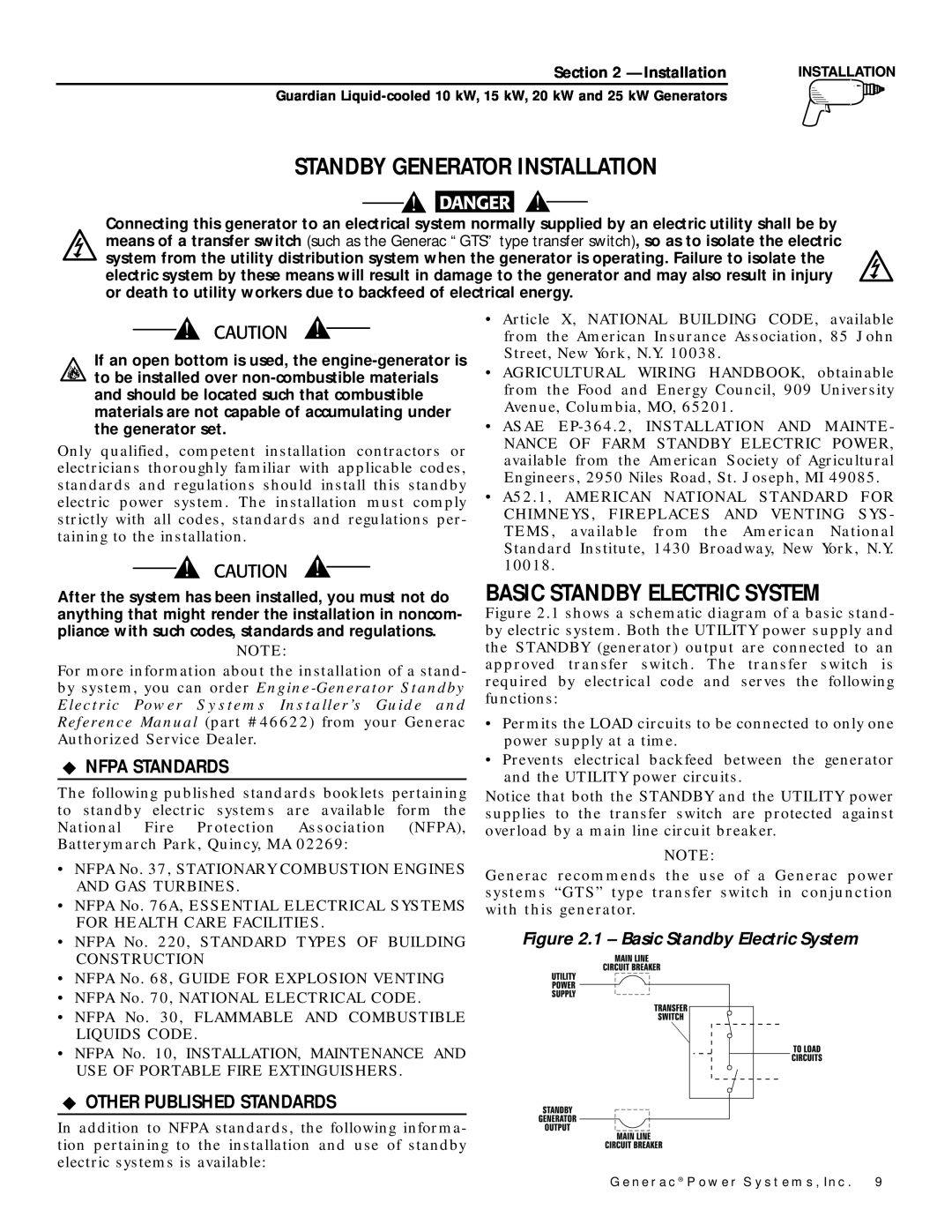 Generac Power Systems owner manual Standby Generator Installation, Basic Standby Electric System, Nfpa Standards 