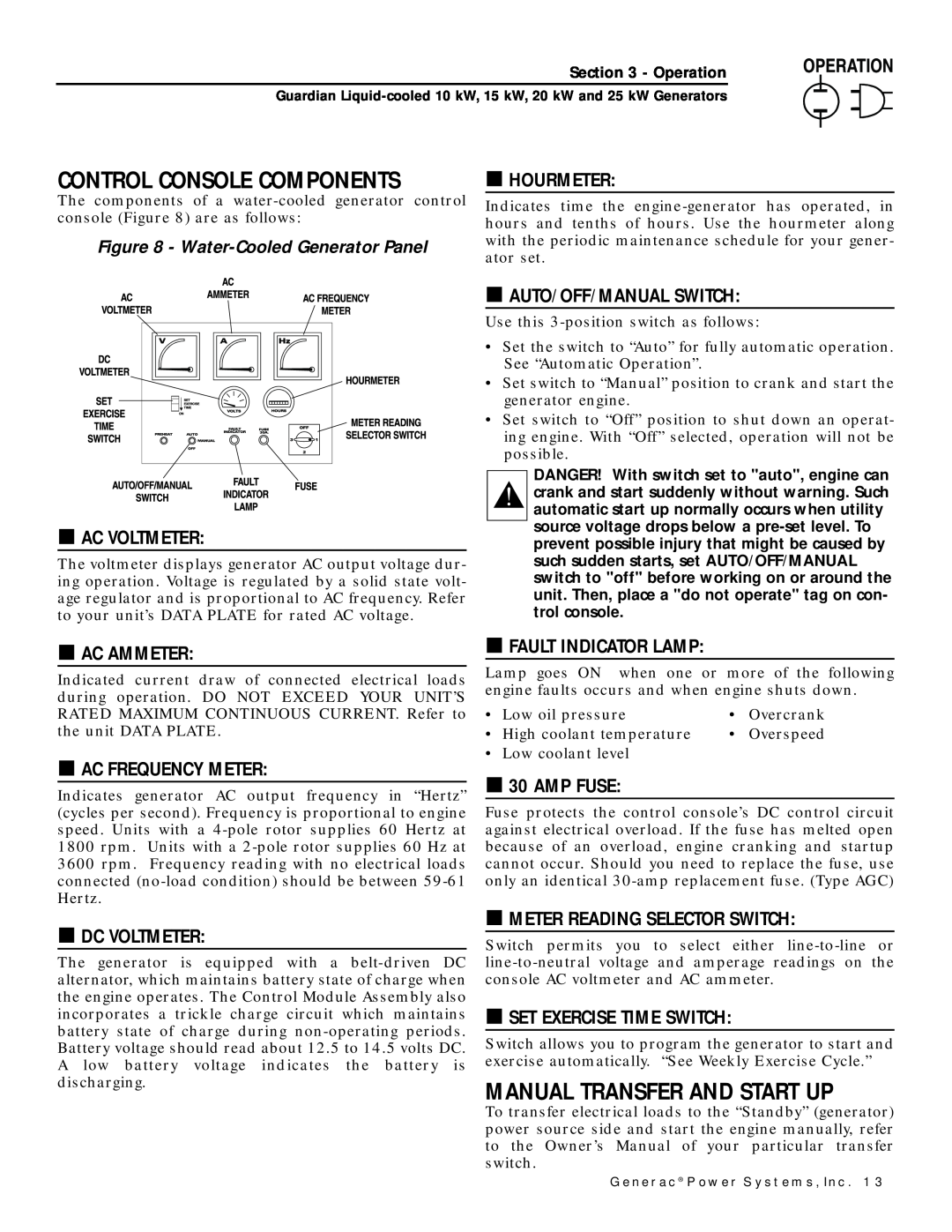 Generac Power Systems owner manual Control Console Components, Manual Transfer And Start Up 