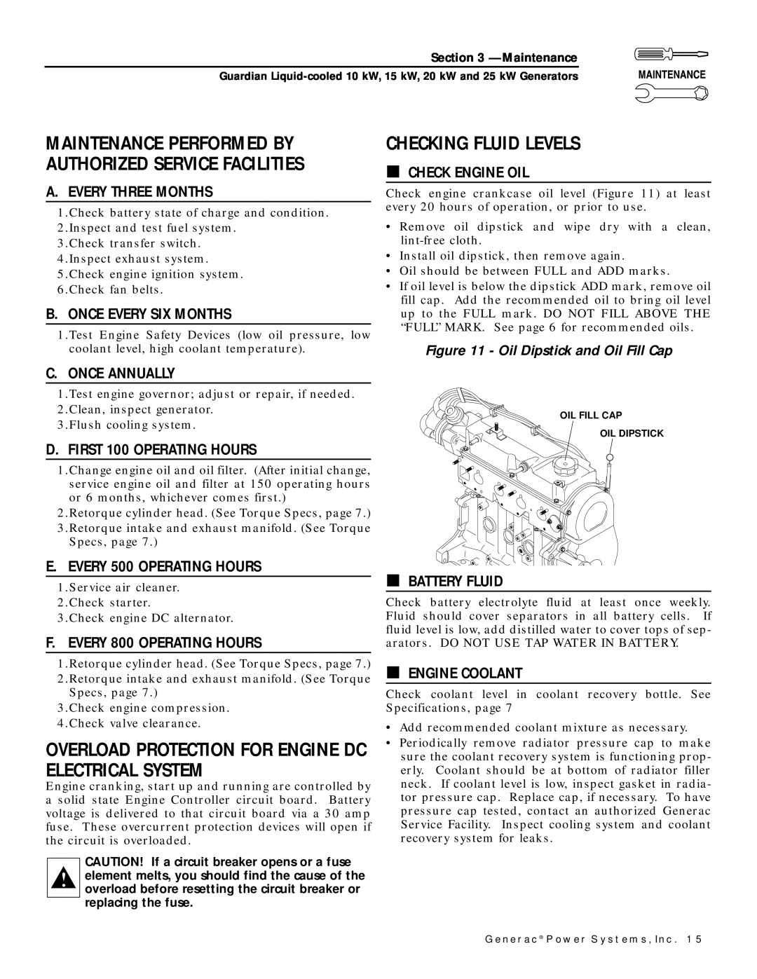Generac Power Systems owner manual Checking Fluid Levels, Overload Protection For Engine Dc Electrical System 