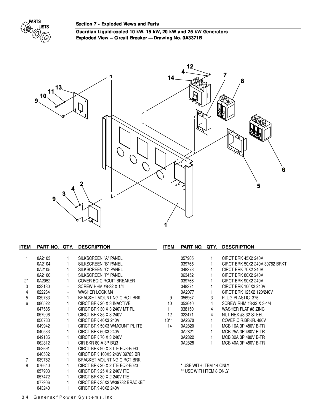 Generac Power Systems owner manual Description, CIRCT BRK 35X2 W/39782 BRACKET, Generac Power Systems, Inc 