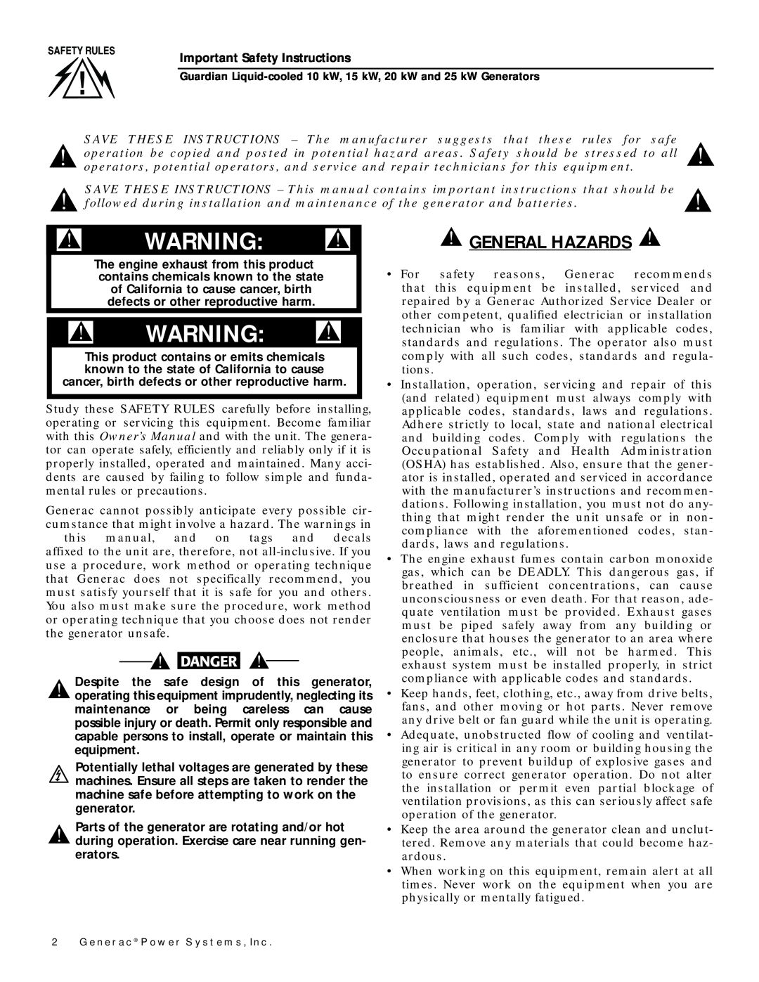 Generac Power Systems owner manual General Hazards 