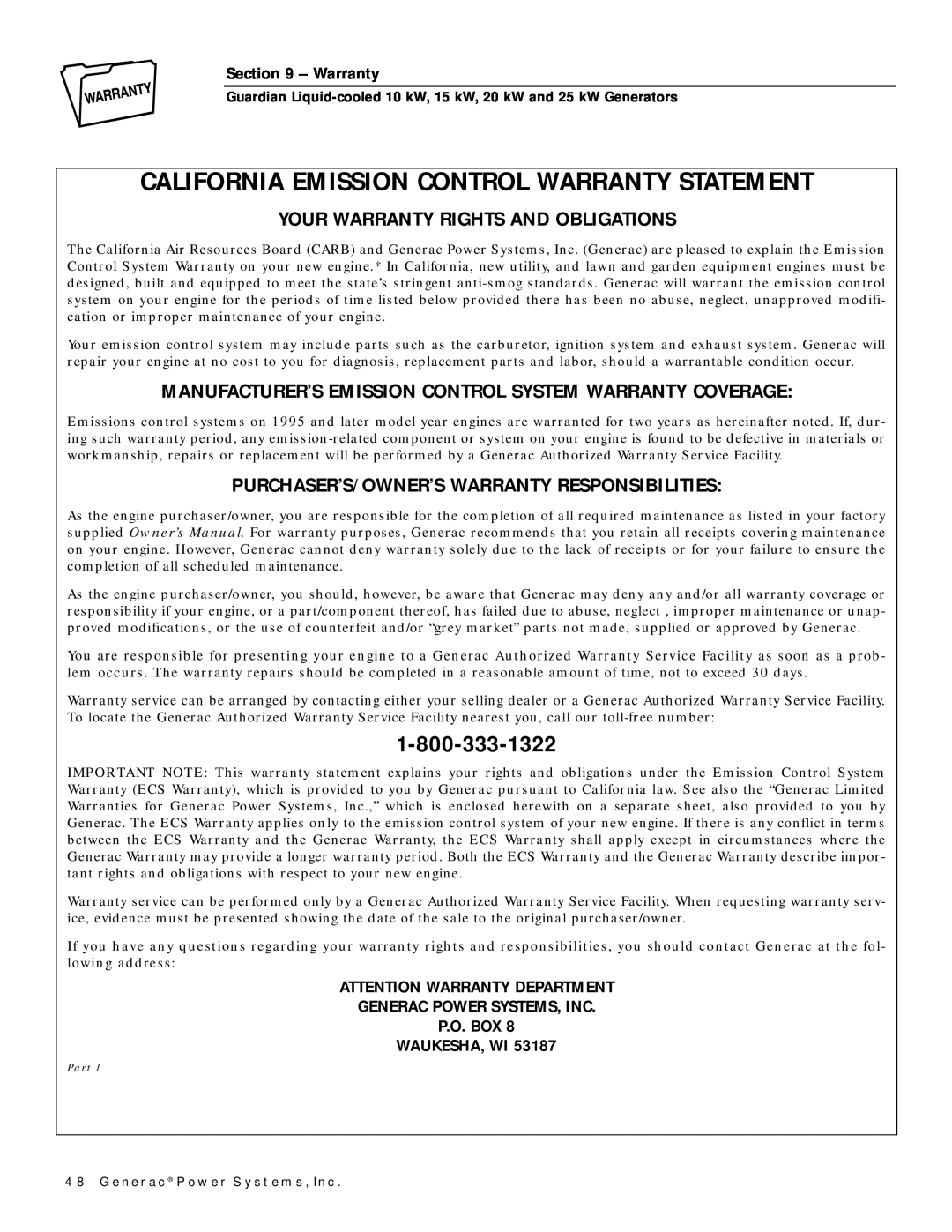 Generac Power Systems owner manual California Emission Control Warranty Statement, Your Warranty Rights And Obligations 