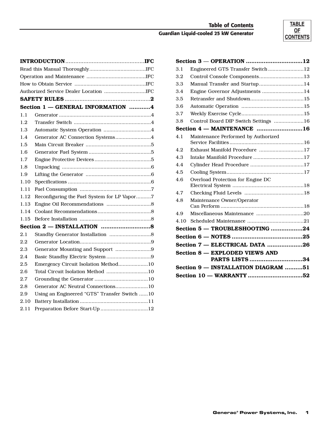 Generac Power Systems 005040-0, 005040-1, 005053-0, 005053-1, 005054-0, 005054-1 Table of Contents, Introduction 