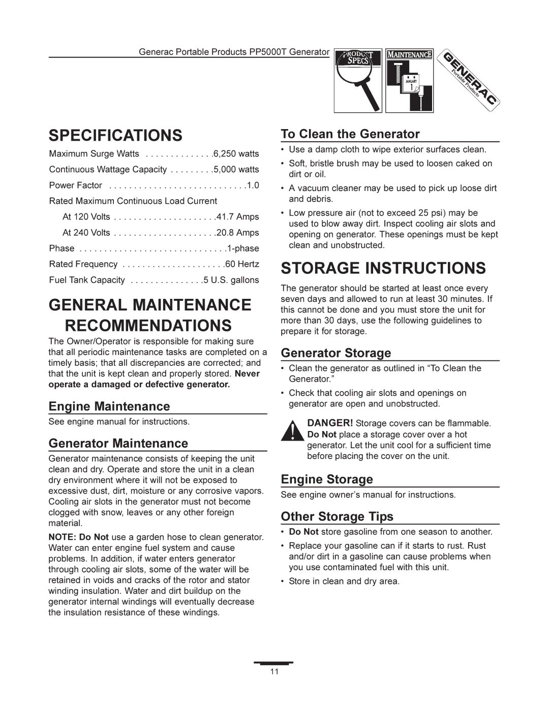 Generac PP5000T manual Specifications, General Maintenance Recommendations, Storage Instructions 