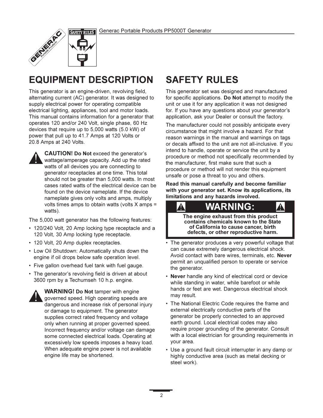 Generac PP5000T manual Equipment Description, Safety Rules 