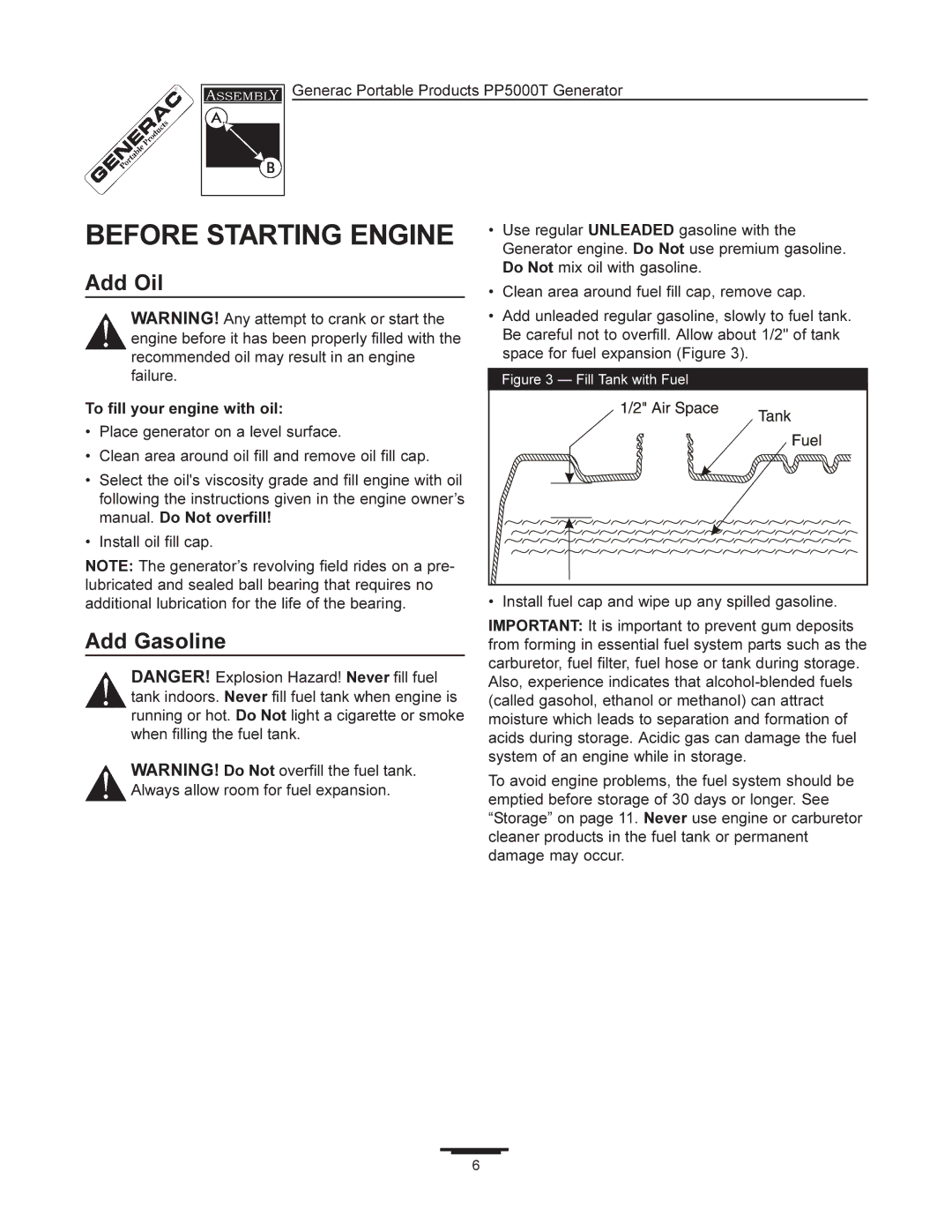 Generac PP5000T manual Before Starting Engine, Add Oil, Add Gasoline, To fill your engine with oil 