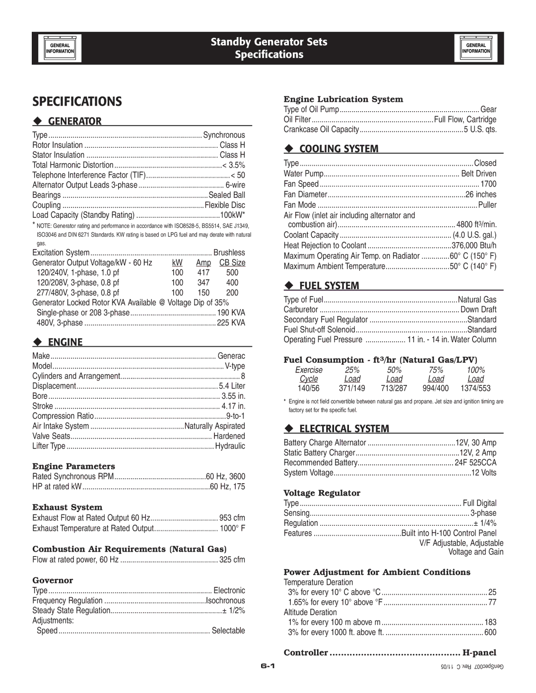 Generac QT 5.4L owner manual Specifications 