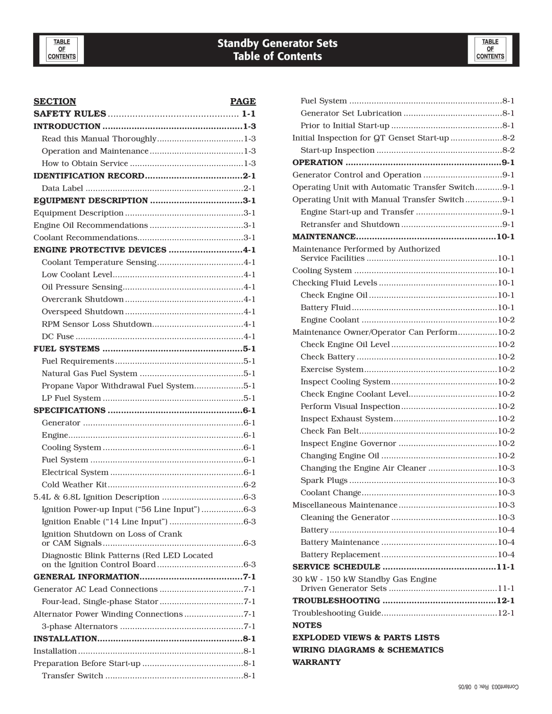 Generac QT 5.4L owner manual Standby Generator Sets Table of Contents 