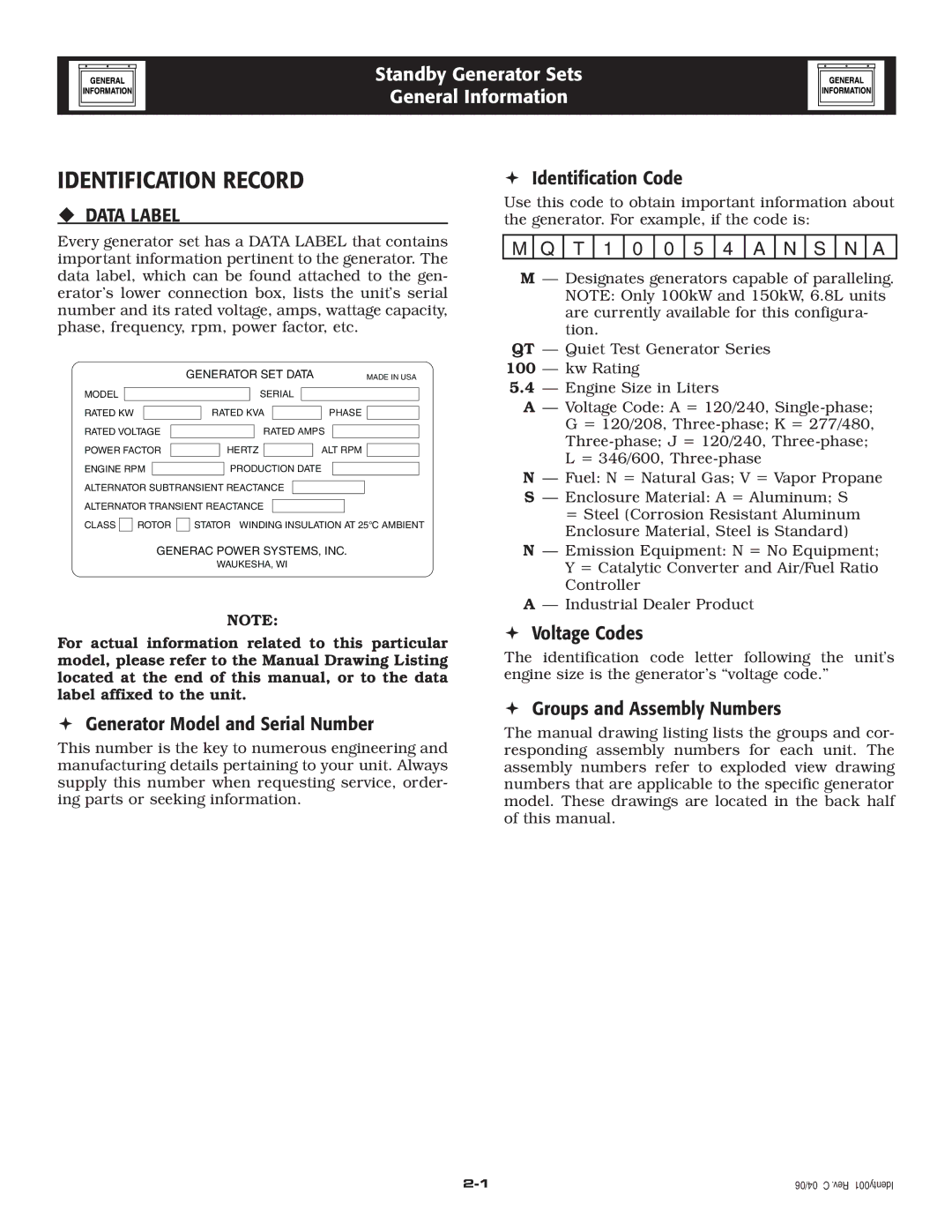 Generac QT 5.4L owner manual Identification Record, ‹ Data Label 