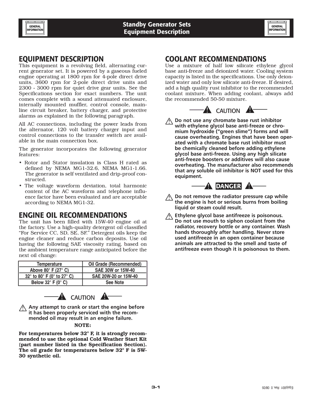 Generac QT 5.4L owner manual Equipment Description, Engine OIL Recommendations, Coolant Recommendations 