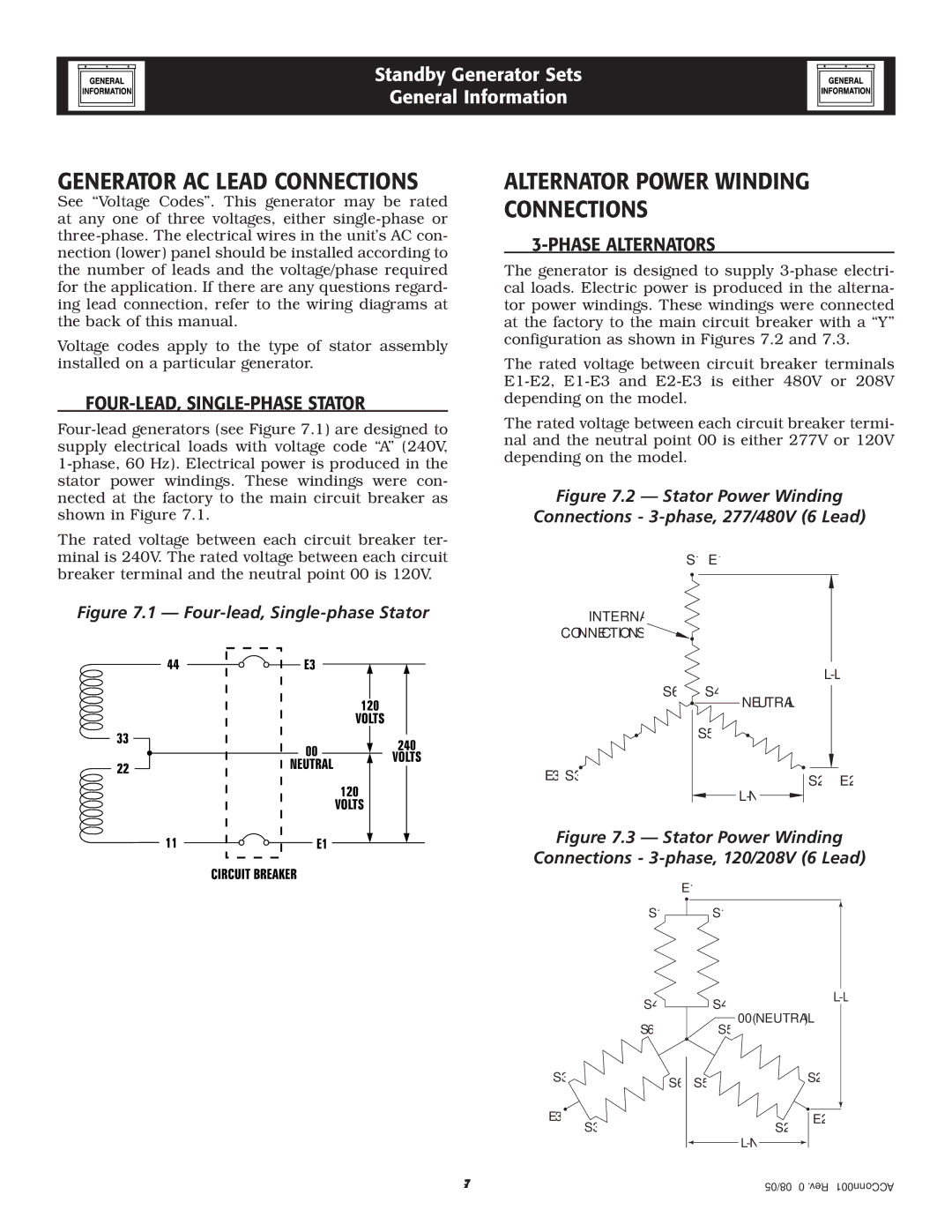 Generac QT Generator AC Lead Connections, Alternator Power Winding Connections, ‹ FOUR-LEAD, SINGLE-PHASE Stator 