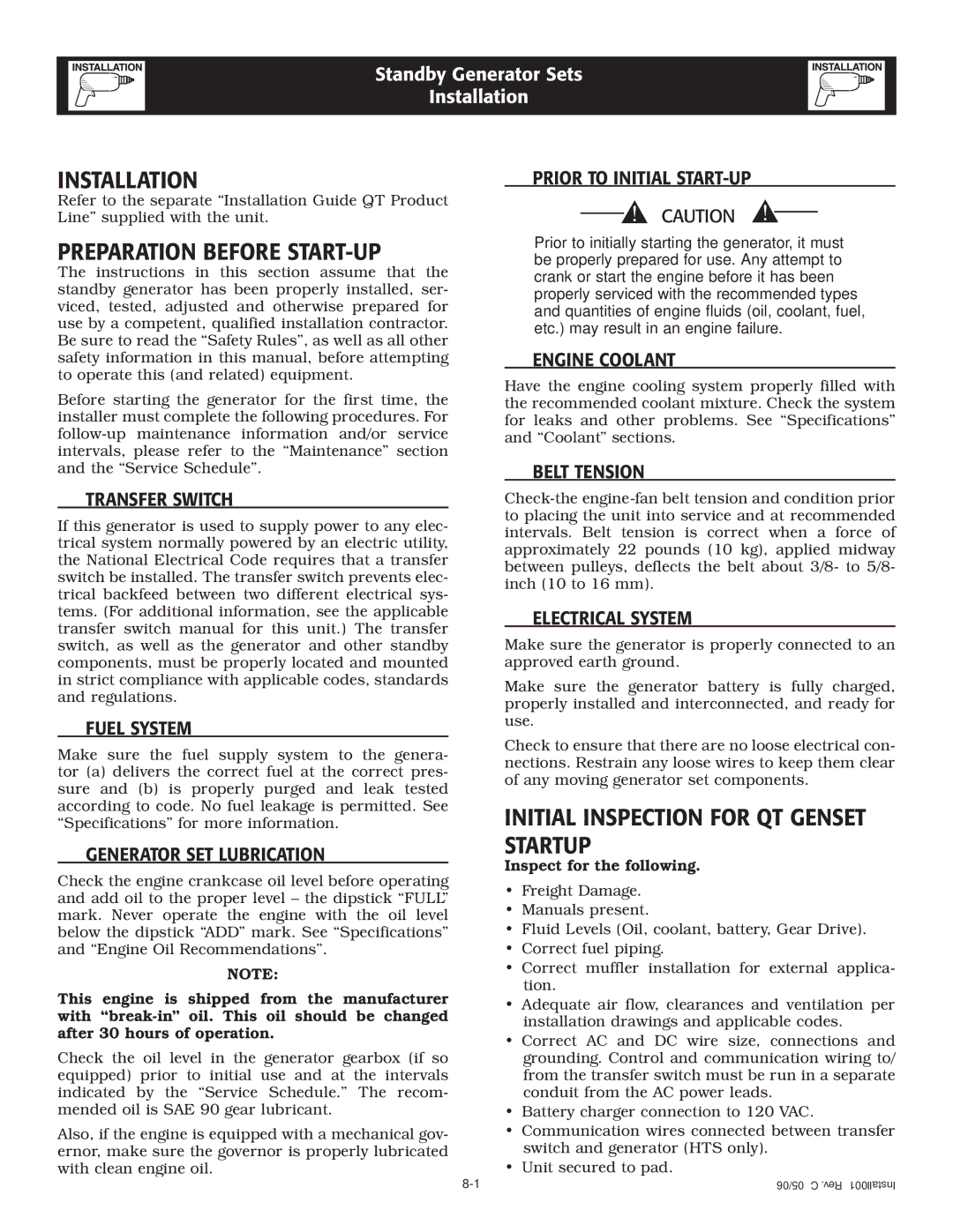 Generac owner manual Installation, Preparation Before START-UP, Initial Inspection for QT Genset Startup 