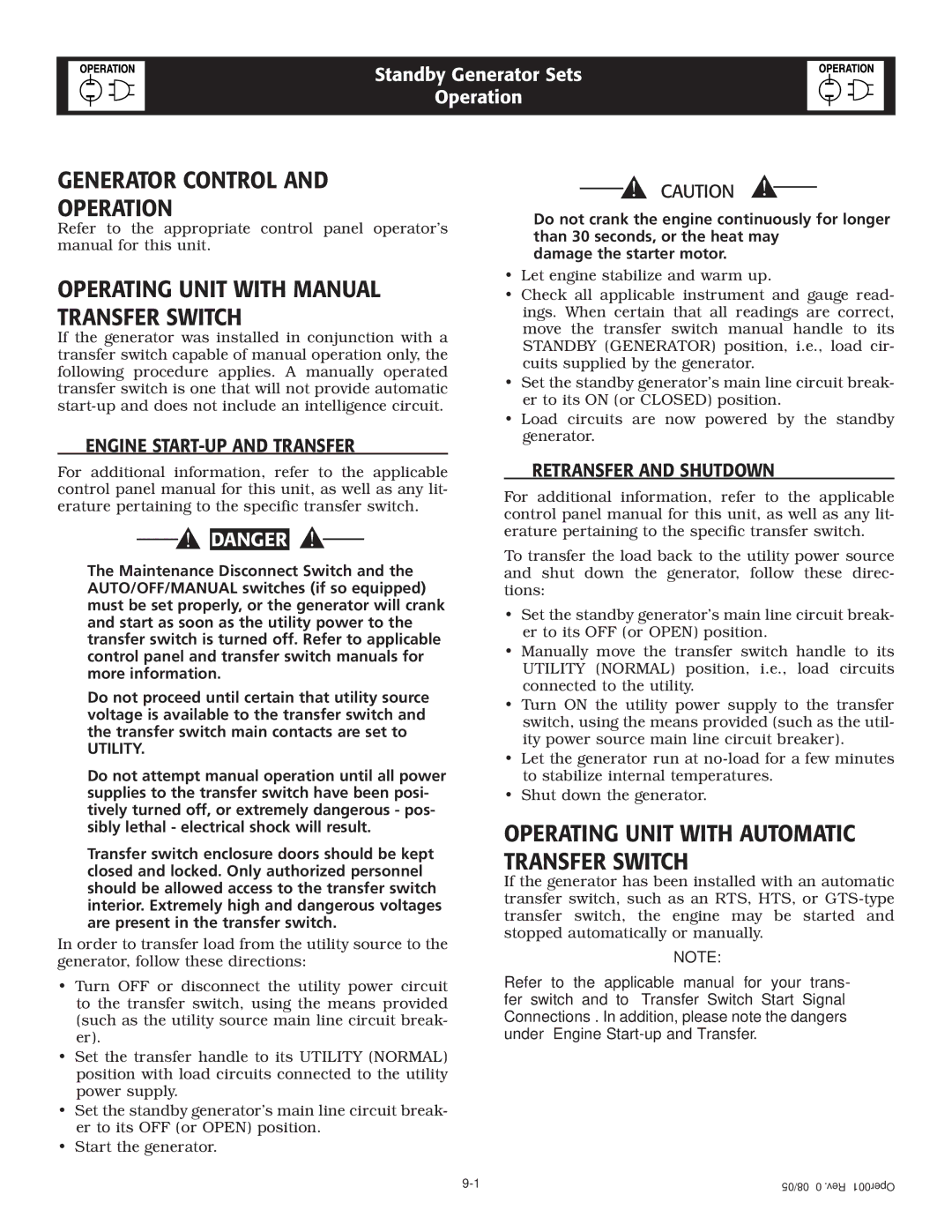 Generac QT Generator Control Operation, Operating Unit with Manual Transfer Switch, ‹ Engine START-UP and Transfer 