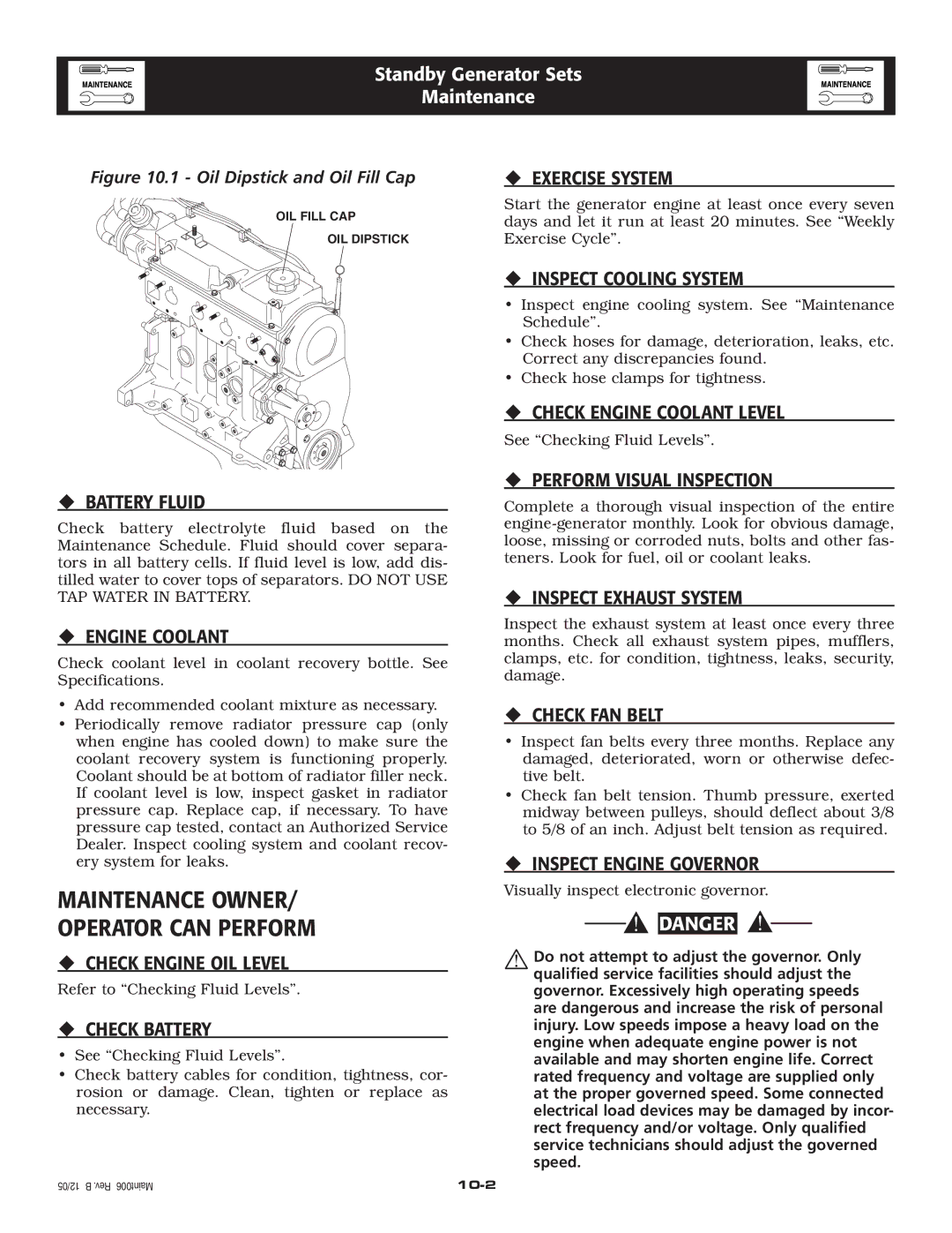 Generac QT owner manual Maintenance Owner Operator can Perform 