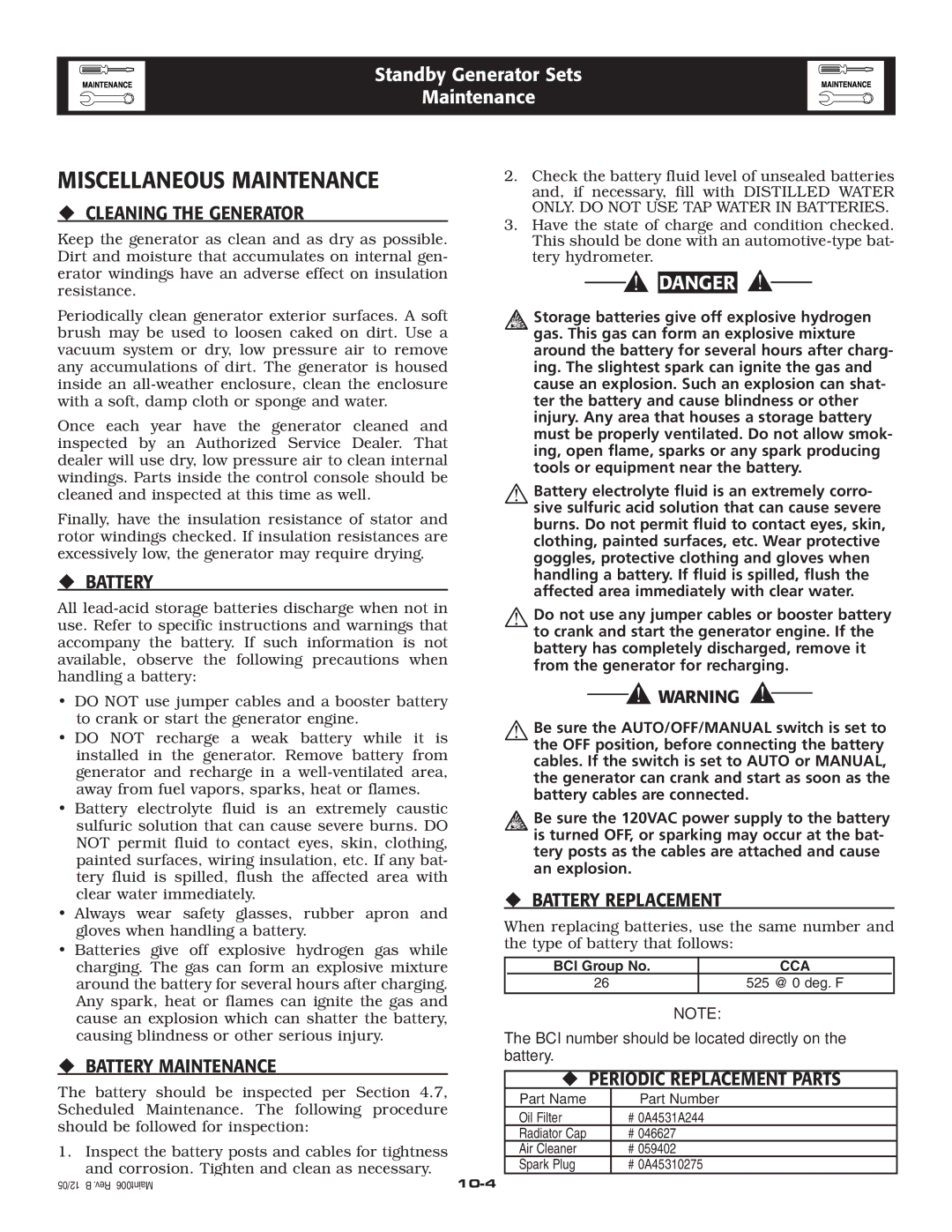 Generac QT owner manual Miscellaneous Maintenance 