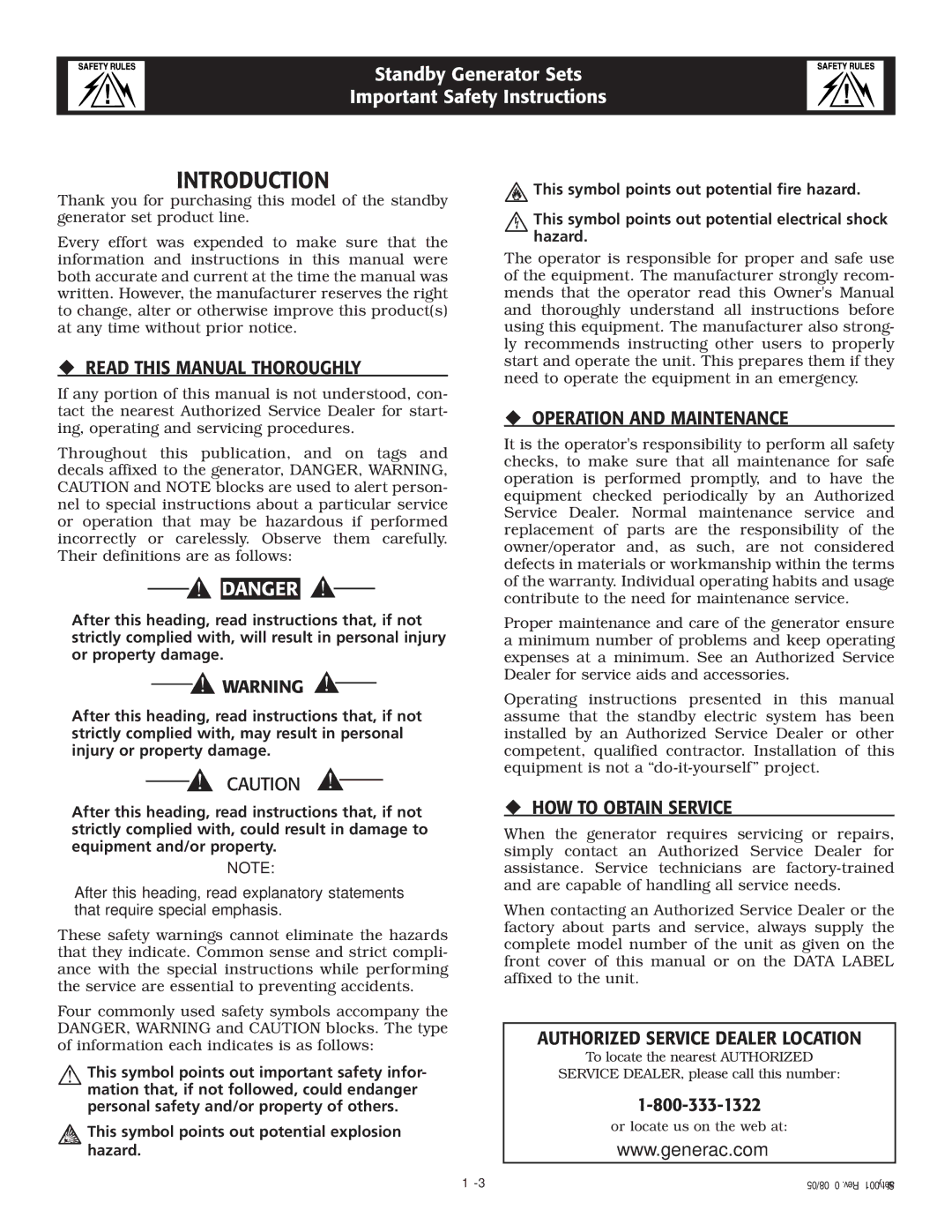 Generac QT owner manual Introduction, ‹ Read this Manual Thoroughly, ‹ Operation and Maintenance, ‹ HOW to Obtain Service 