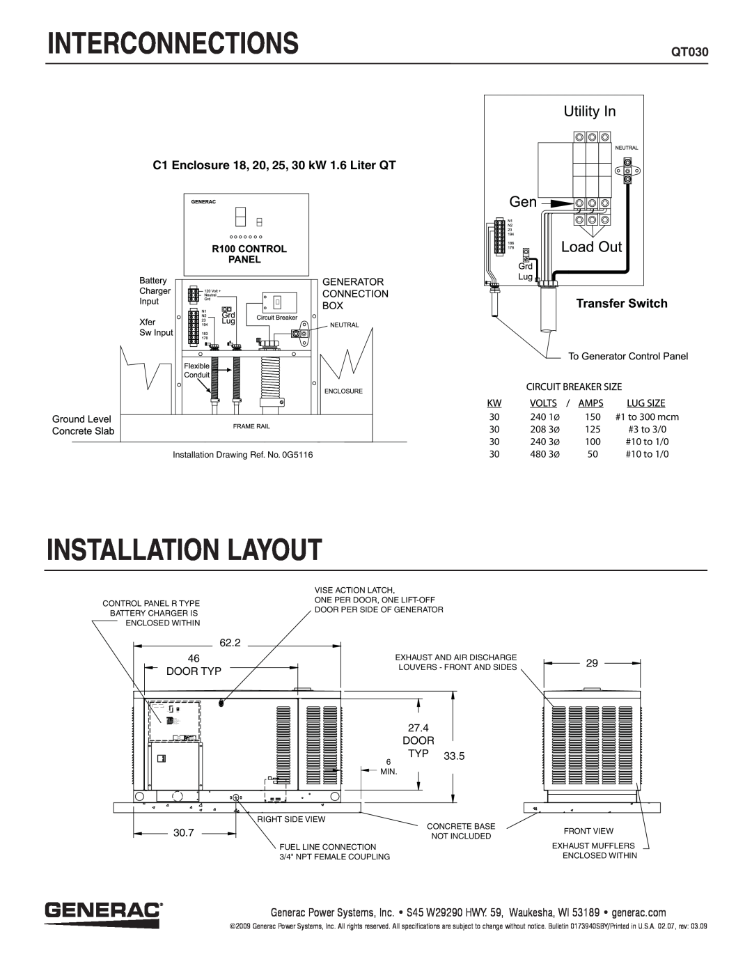 Generac QT030 manual Interconnections, Installation Layout, C1 Enclosure 18, 20, 25, 30 kW 1.6 Liter QT, 240 1 Ø, 208 3 Ø 
