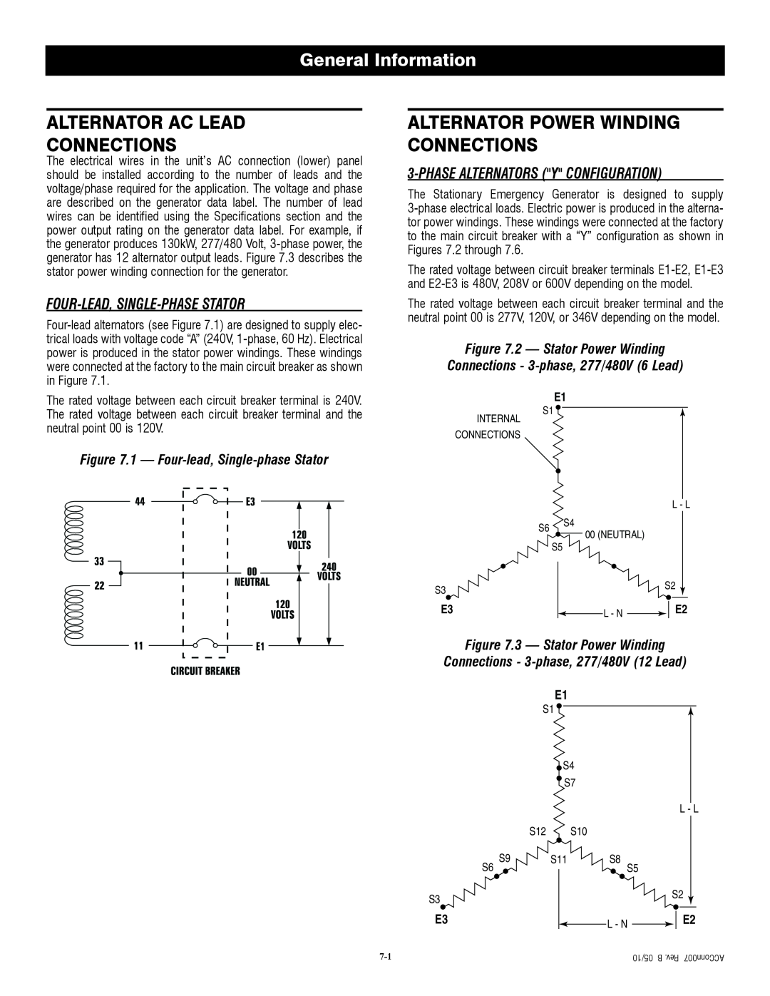 Generac QT04524ANSX Alternator Ac Lead Connections, Alternator Power Winding Connections, Four-Lead, Single-Phasestator 