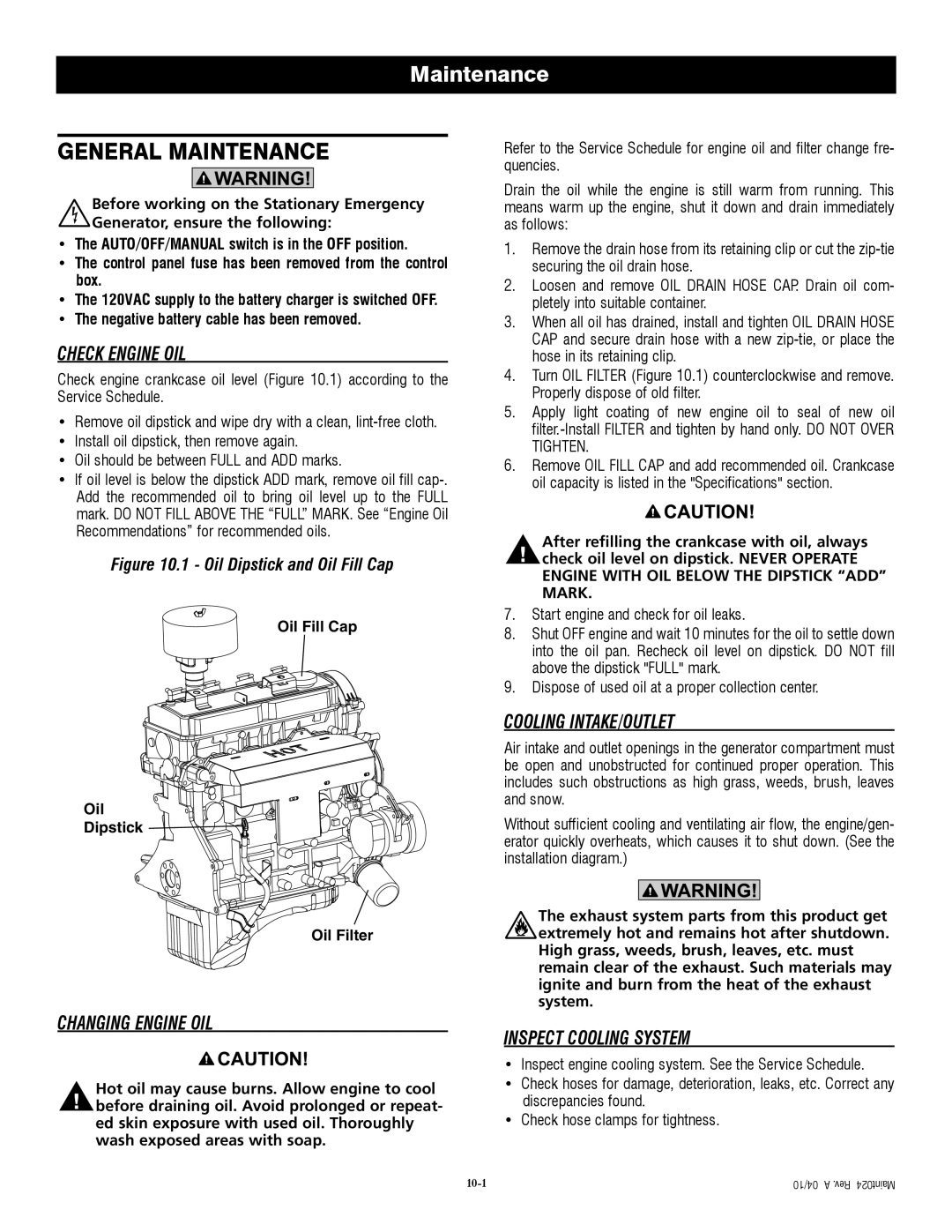Generac QT04524ANSX owner manual General Maintenance, Check Engine Oil, Changing Engine Oil, Cooling Intake/Outlet 