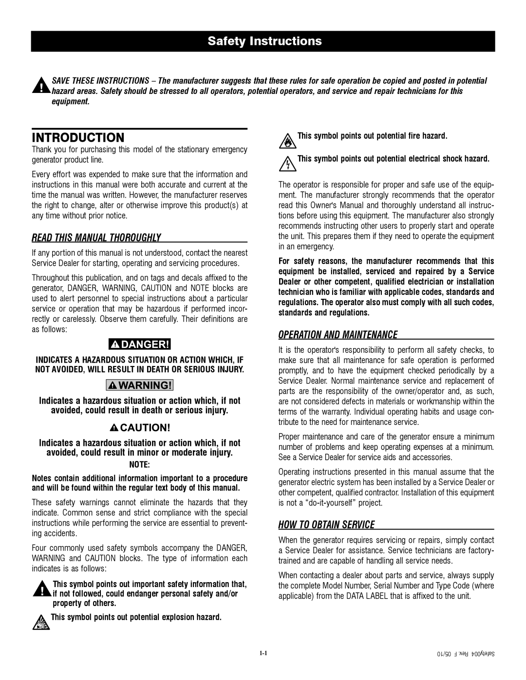 Generac QT04524ANSX owner manual Introduction, Safety Instructions, Read This Manual Thoroughly, Operation And Maintenance 
