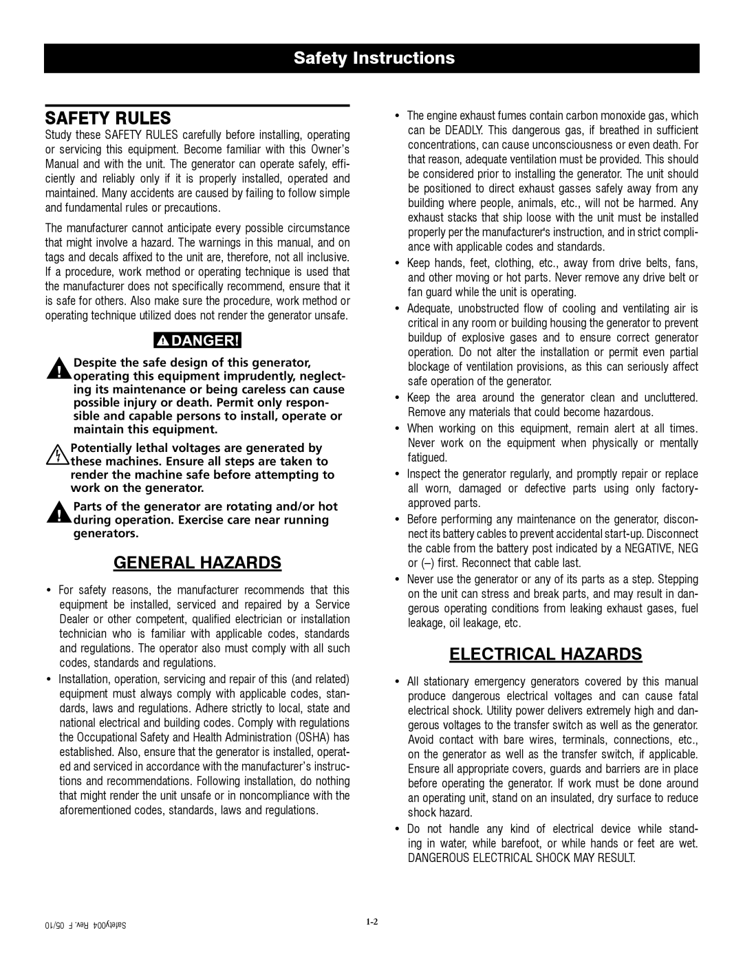 Generac QT04524ANSX owner manual Safety Rules, General Hazards, Electrical Hazards, Safety Instructions 