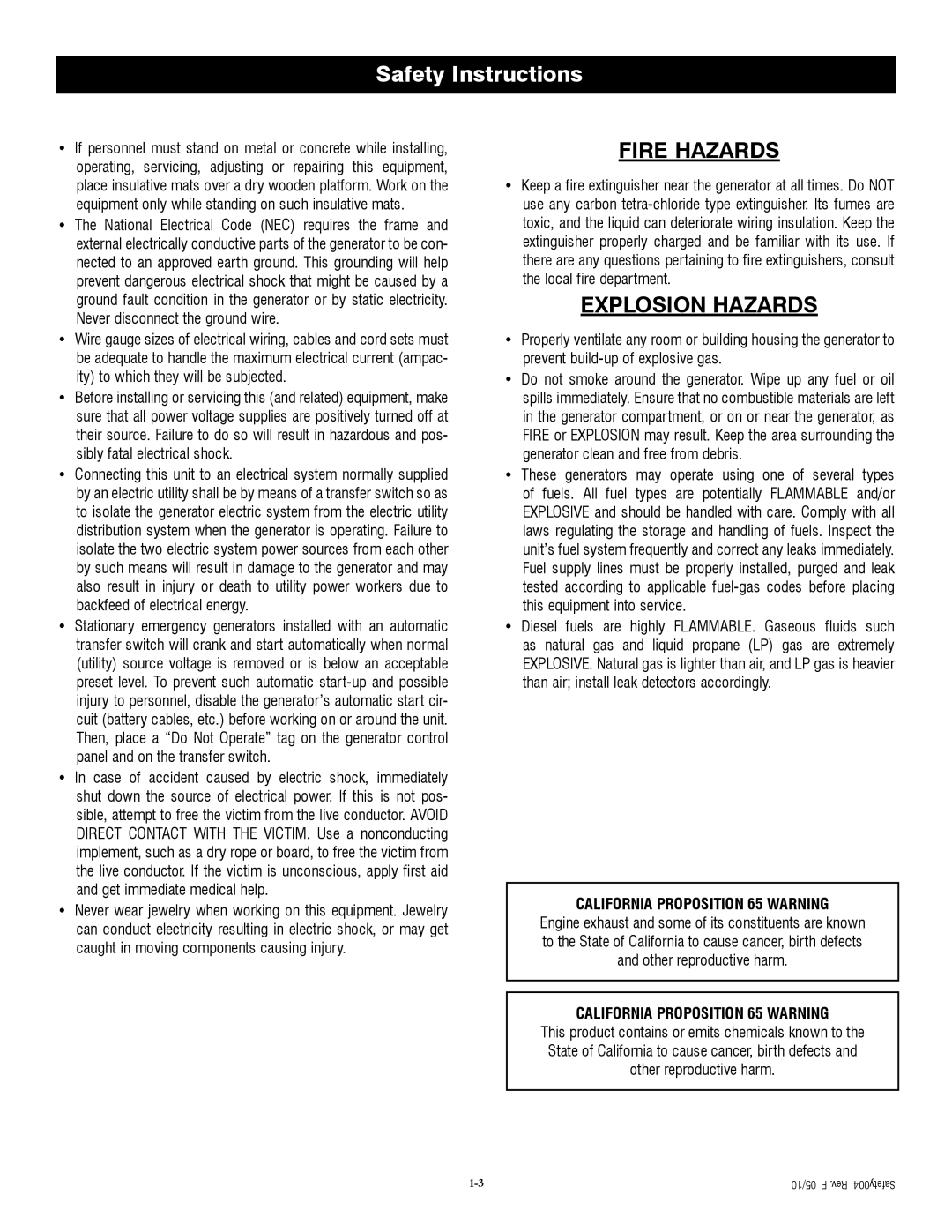Generac QT04524ANSX owner manual Fire Hazards, Explosion Hazards, Safety Instructions, CALIFORNIA PROPOSITION 65 WARNING 